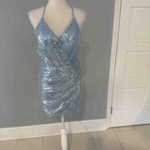 Light Blue Sleeveless Sequin Wrap Cocktail Dress